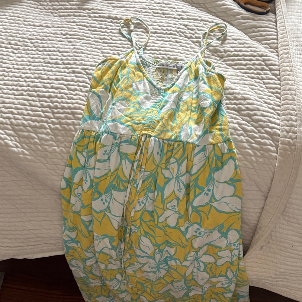 Sincerely Jules Yellow, Teal & White Floral Spaghetti Strap Dress